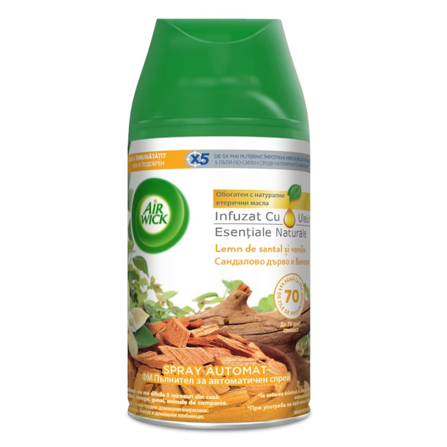 Rezerva spray odorizant automat de camera Air Wick Freshmatic, Lemn de Santal & Vanilie, 250ml
