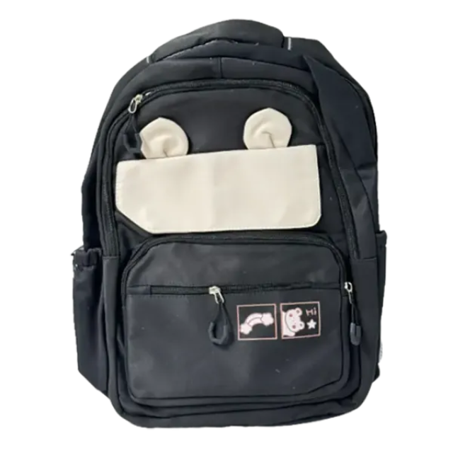 Ghiozdan școlar negru, cu urechiușe și imprimeu ursuleț, 5 compartimente