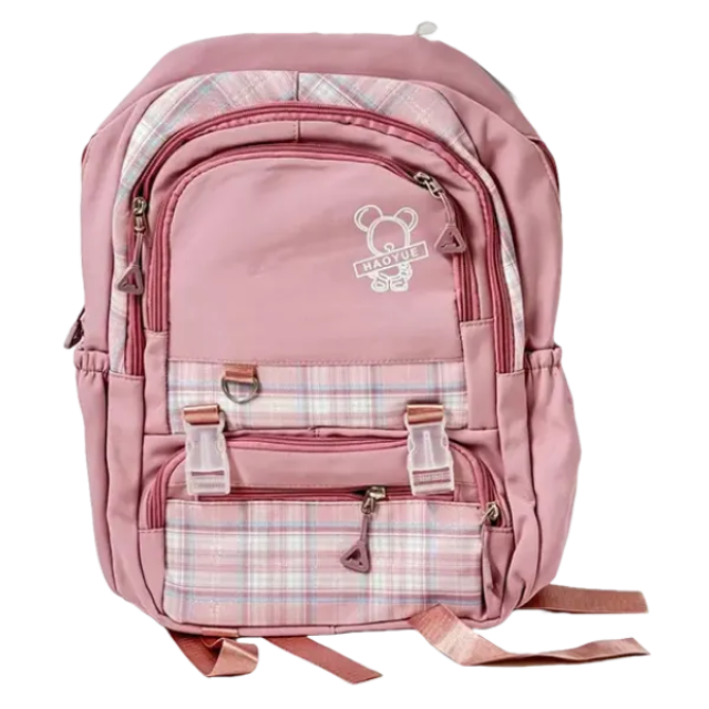Ghiozdan școlar fete, roz, cu imprimeu ursuleț și detalii carouri HAOYUE