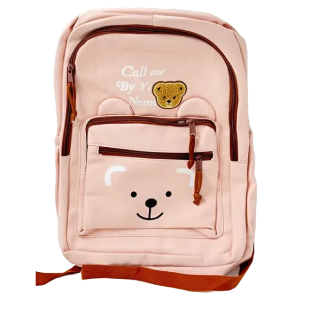 Ghiozdan școlar fete, roz pastel, cu imprimeu ursuleț și buzunare multiple 