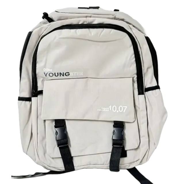 Ghiozdan școlar unisex, alb-bej, cu buzunar frontal și catarame YOUNGSTER