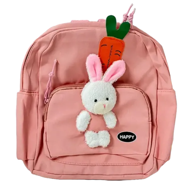 Ghiozdan școlar fete, roz, cu breloc iepuraș de pluș și decorațiune morcov