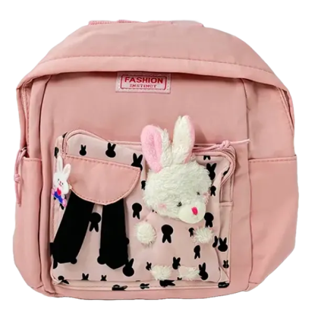 Ghiozdan școlar fete, roz pastel, cu imprimeu iepurași și breloc iepuraș de pluș
