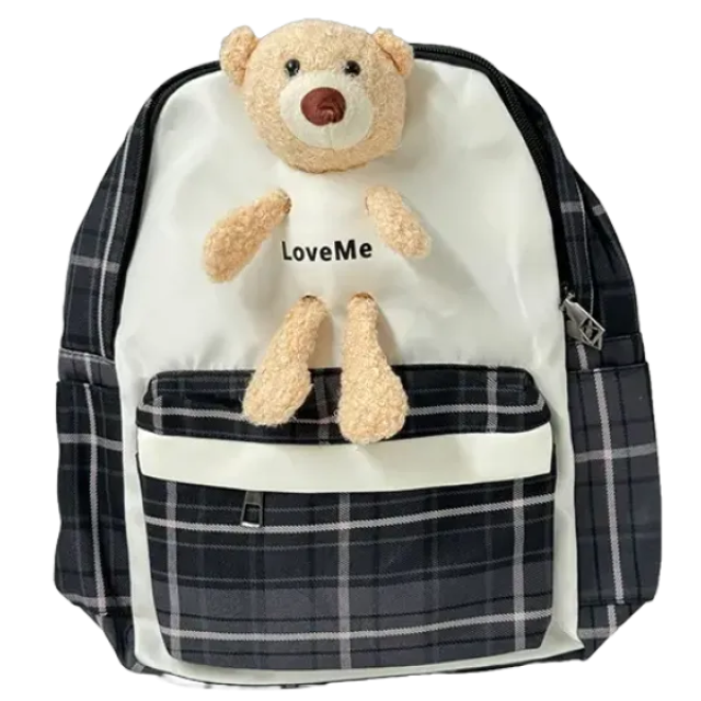 Ghiozdan școlar fete, alb-negru cu carouri și breloc ursuleț de pluș LoveMe