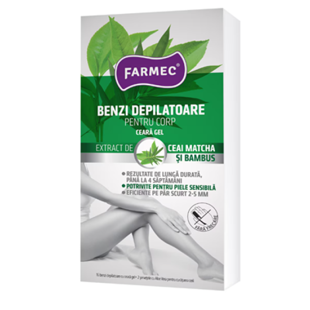 Benzi depilatoare Farmec pentru corp cu ceara gel 16 benzi + 2 servetele